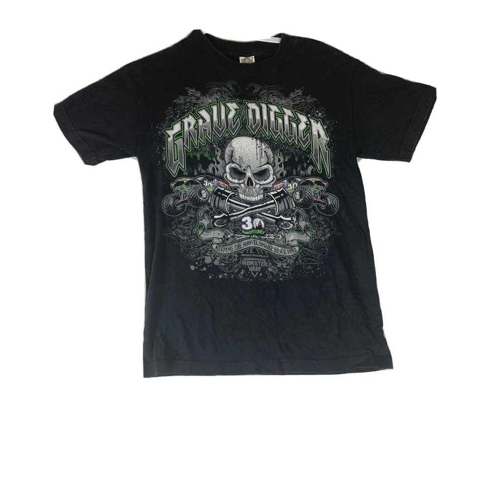 Vintage Y2K Grave Digger Racing Team T-Shirt Mens Small Monster Jam Skull Black